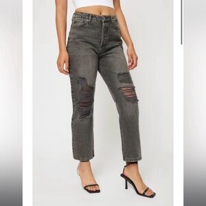 High-Rise Distressed Straight-Leg Jeans